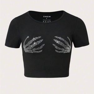 shein rhinestone skeleton hand crop top